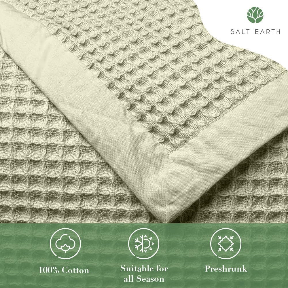 GOTS Certified 100% Organic Cotton Throw Blanket, Oversize Size Waffle Blankets & Throws for Home, Throw Blanket for Couch, Modern & Cozy Blanket, All Season Comfy Soft Blanket (Sea Foam)