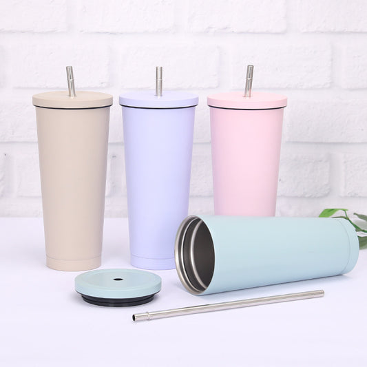 24oz Pastel Insulated Coffee Tumblers, Stainless Steel with Straws