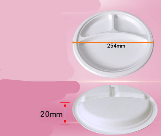 3-sectional Compostable Dinner Plates, Biodegradable, Eco-friendly, Sugarcane Pulp Plates, Water-resistant