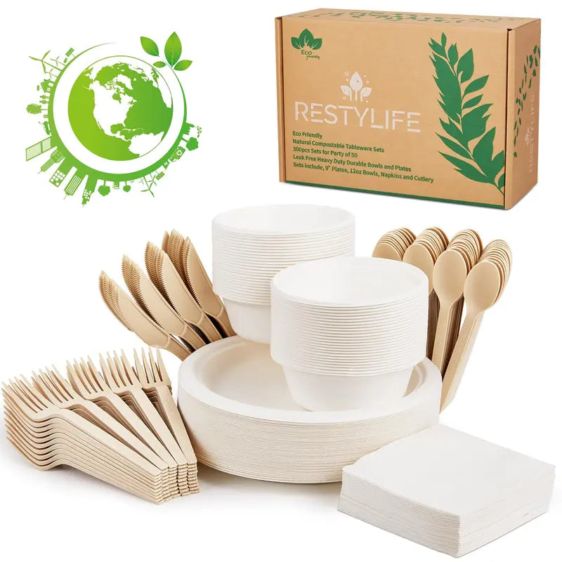 Compostable Party Set: Heavy-Duty Biodegradable Plates, Bowls & Cutlery 300Pcs - Ideal for Parties, Weddings, Picnics, Camping - Eco-Friendly, Safe, BPA Free, Microwave Safe