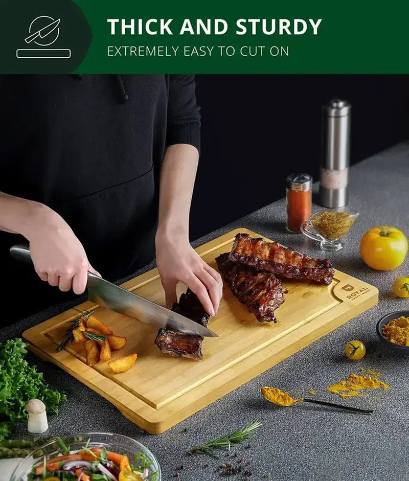 Eco-Friendly Bamboo Wood Chopping Board, 12X18 Inches - Cutting Boards for Kitchen and Serving - Scar-Resistant Surface, Juice Groove Edges, Water-Resistant , Side Edge Handle - for Meat, Bread, and Fruits - Kitchen Cutting Tools
