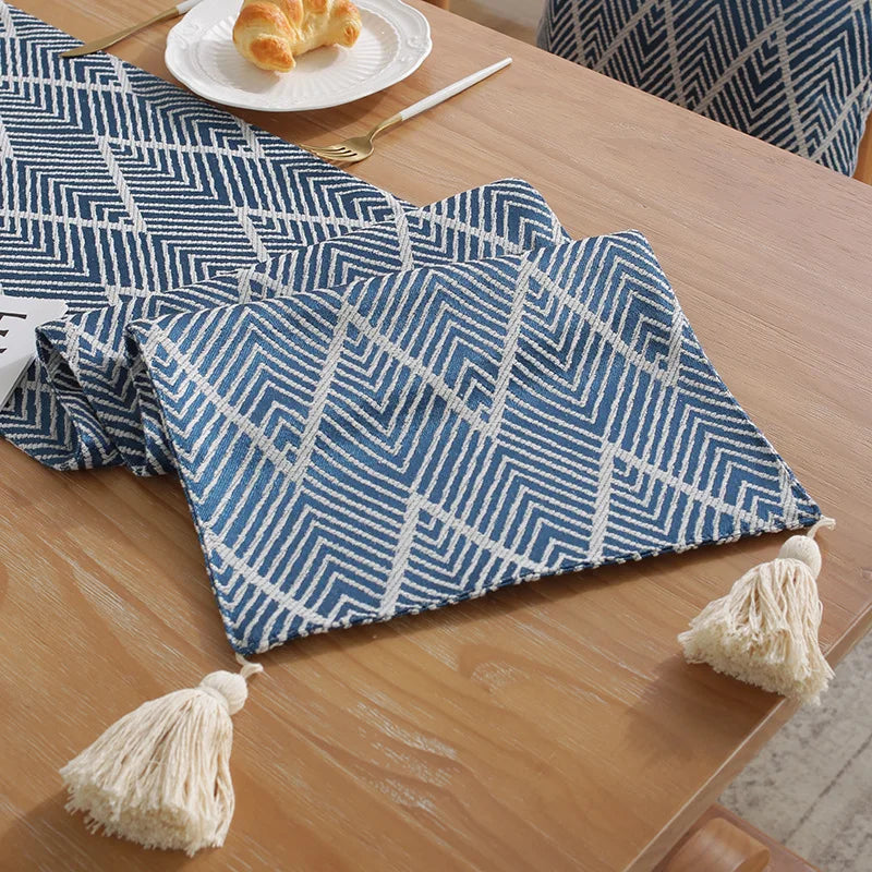 Japanese Style Jacquard Cotton Linen Table Runner Tassels Geometric Wavy Striped Table Flag Party Wedding Table Decoration