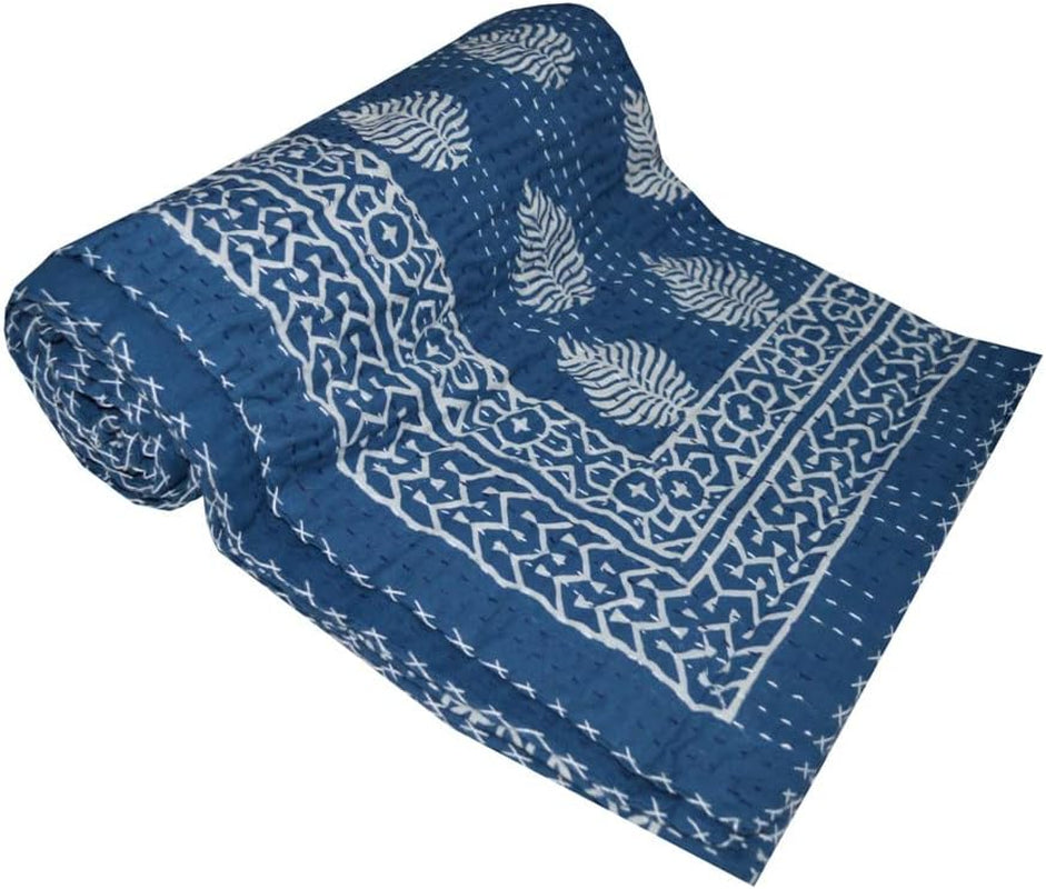 Indian Block Print Quilt Kantha Quilts Queen Size Kantha Throw Quilt Blanket Kantha Bedspreas Pure Cotton Quilt (Twin 90 X 60 Inch, Blue)