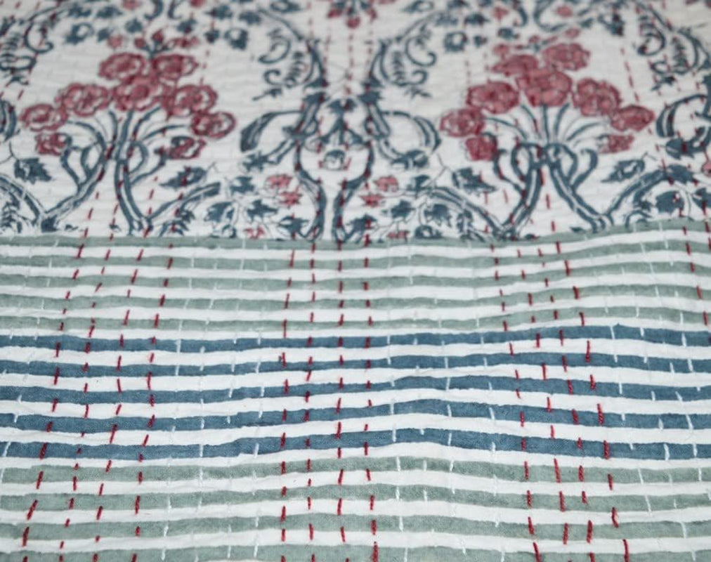 Indian Block Print Quilt Kantha Quilts Queen Size Kantha Throw Quilt Blanket Kantha Bedspreas Pure Cotton Quilt (90 X 108 Inch, Pink)