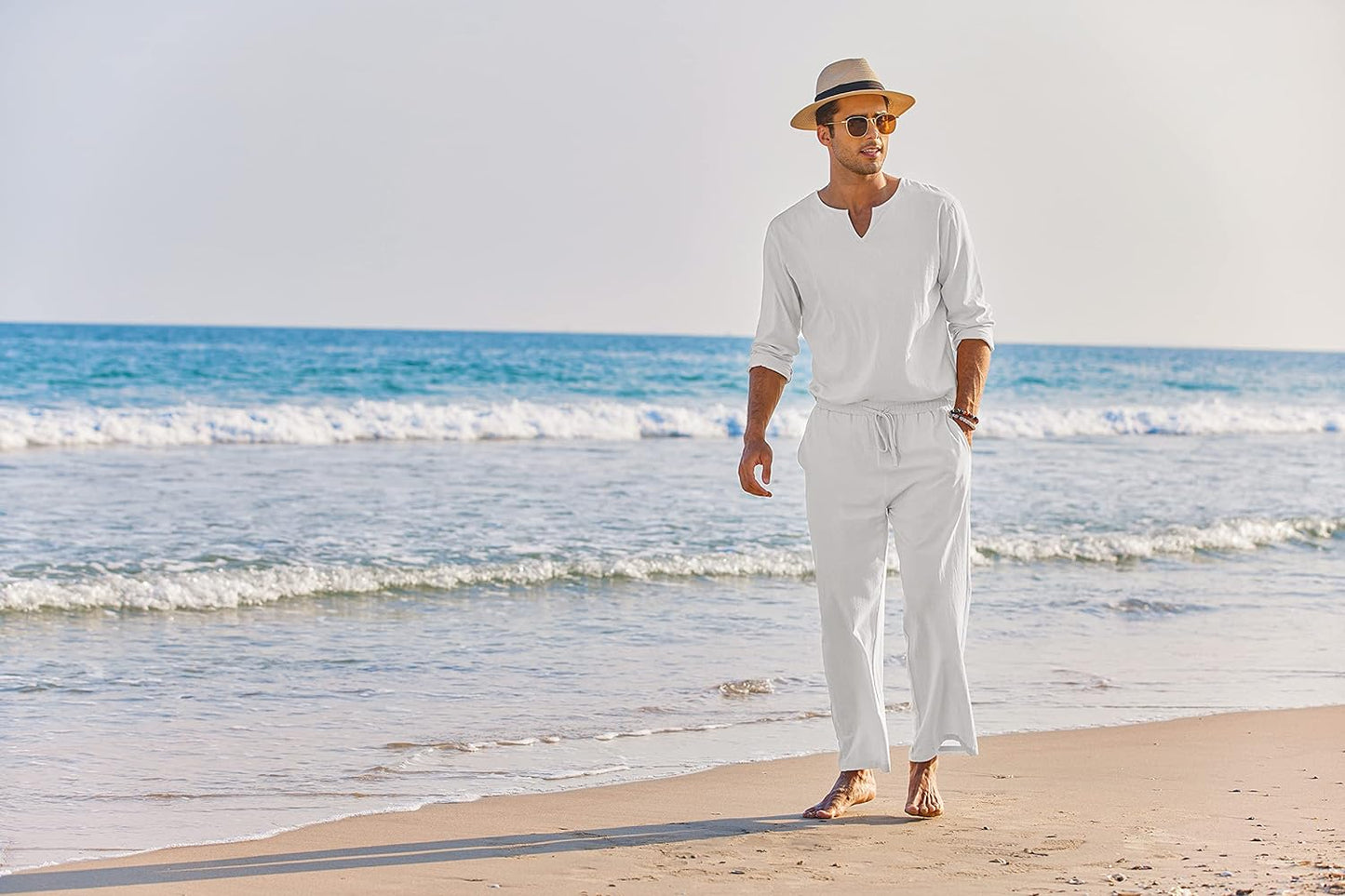 Men'S 2 Pieces Cotton Linen Set Henley Shirt Long Sleeve and Casual Beach Pants Summer Yoga Outfits