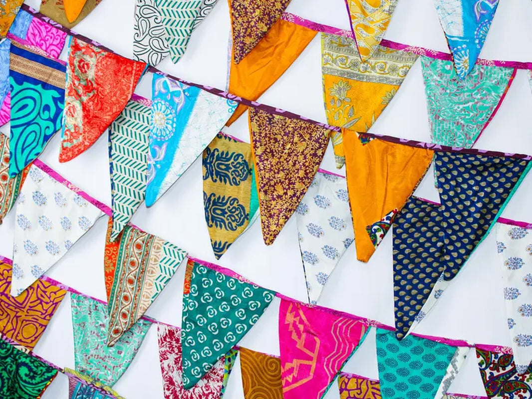 Eco Friendly Party / Home Decor, Bohemian Recycled Silk Saree Flags, Wall Hanging 