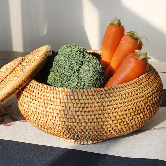 Handwoven Rattan Basket Container with Lid, Fruits/Keys/Snack/Candy Storage Box