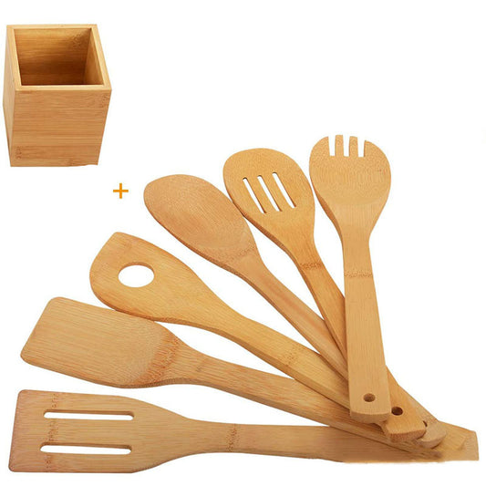 Bamboo Spatula Set with Holder Set, Ideal for Minimal Kitchen, Eco-Friendly with Ergonomic Handle