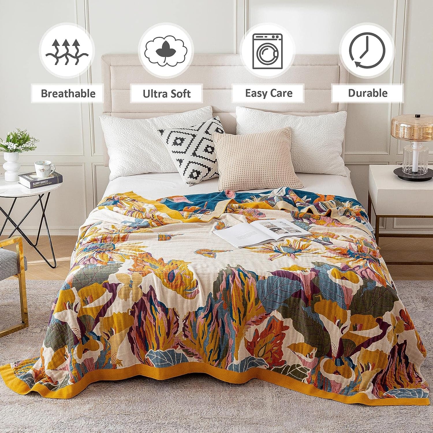Boho Throw Blanket - 100% Cotton Ultra Soft Bed Throw- Floral Bird and Butterfly Farmhouse Decor Bed Blankets,60"×80" All Season Blanket for Sofa Couch Chair