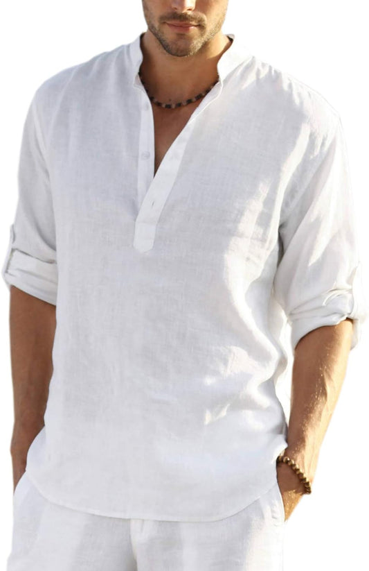 Men'S Cotton Linen Henley Shirt Long Sleeve Hippie Casual Beach T Shirts
