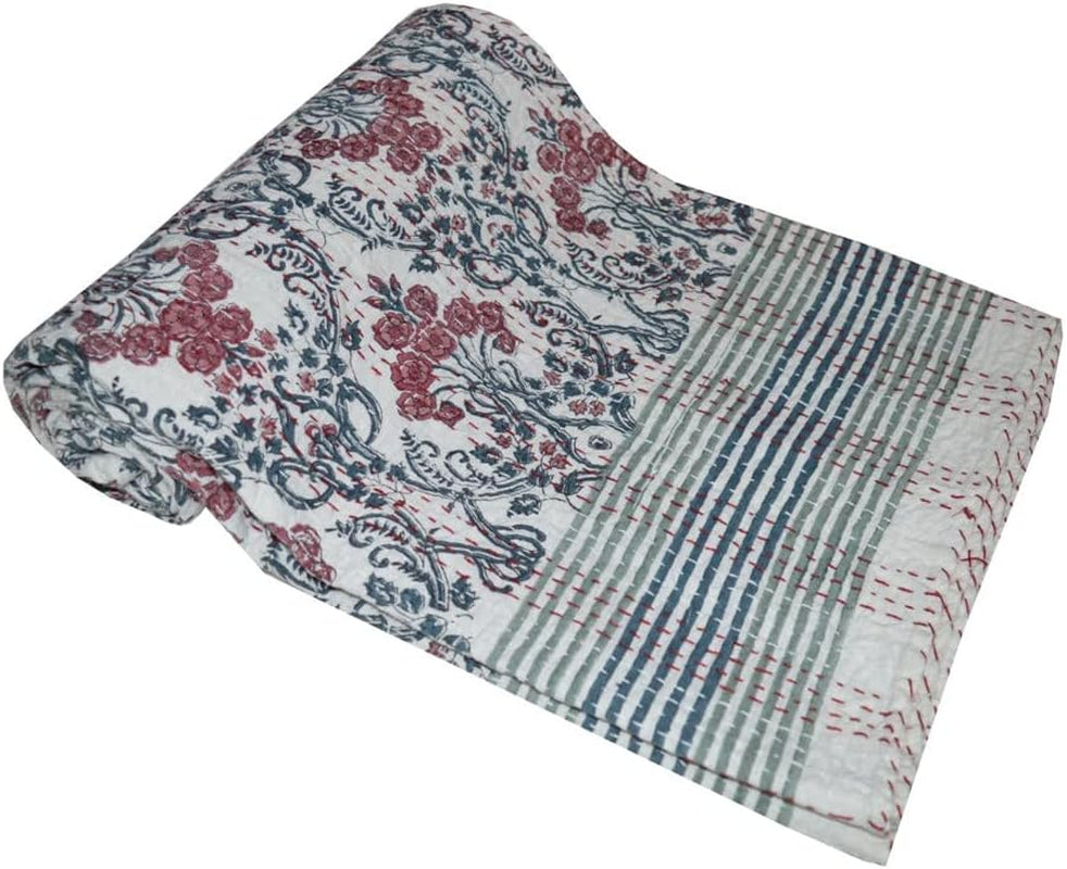 Indian Block Print Quilt Kantha Quilts Queen Size Kantha Throw Quilt Blanket Kantha Bedspreas Pure Cotton Quilt (90 X 108 Inch, Pink)