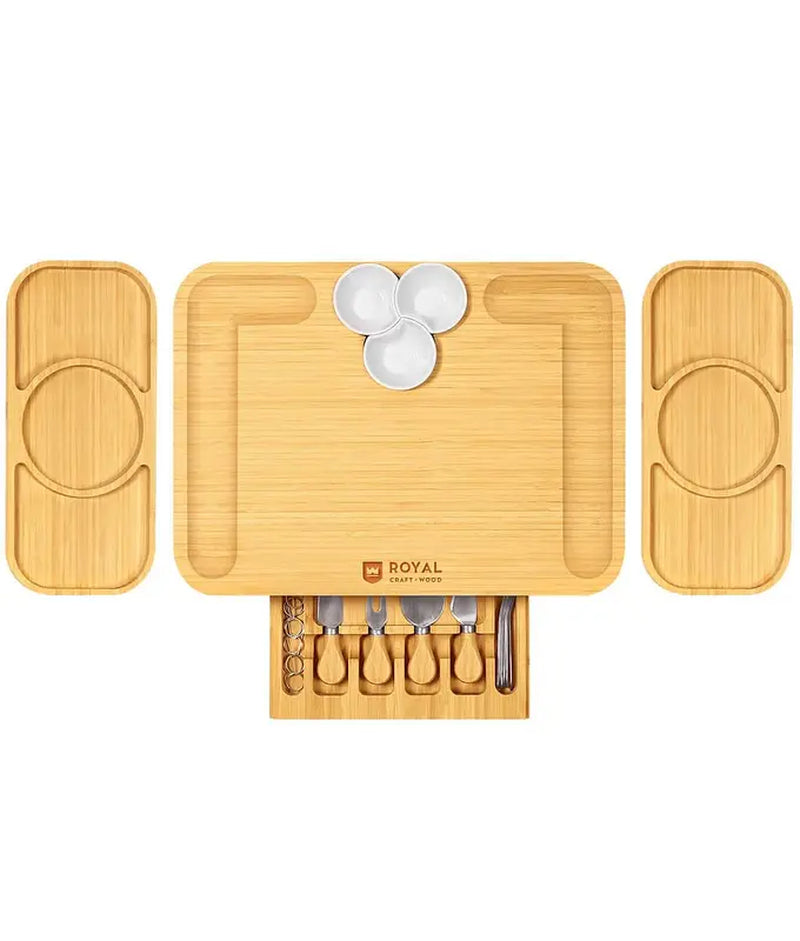 Bamboo Charcuterie Board with Handles - Cheese Board Set with Cutlery Knives Set