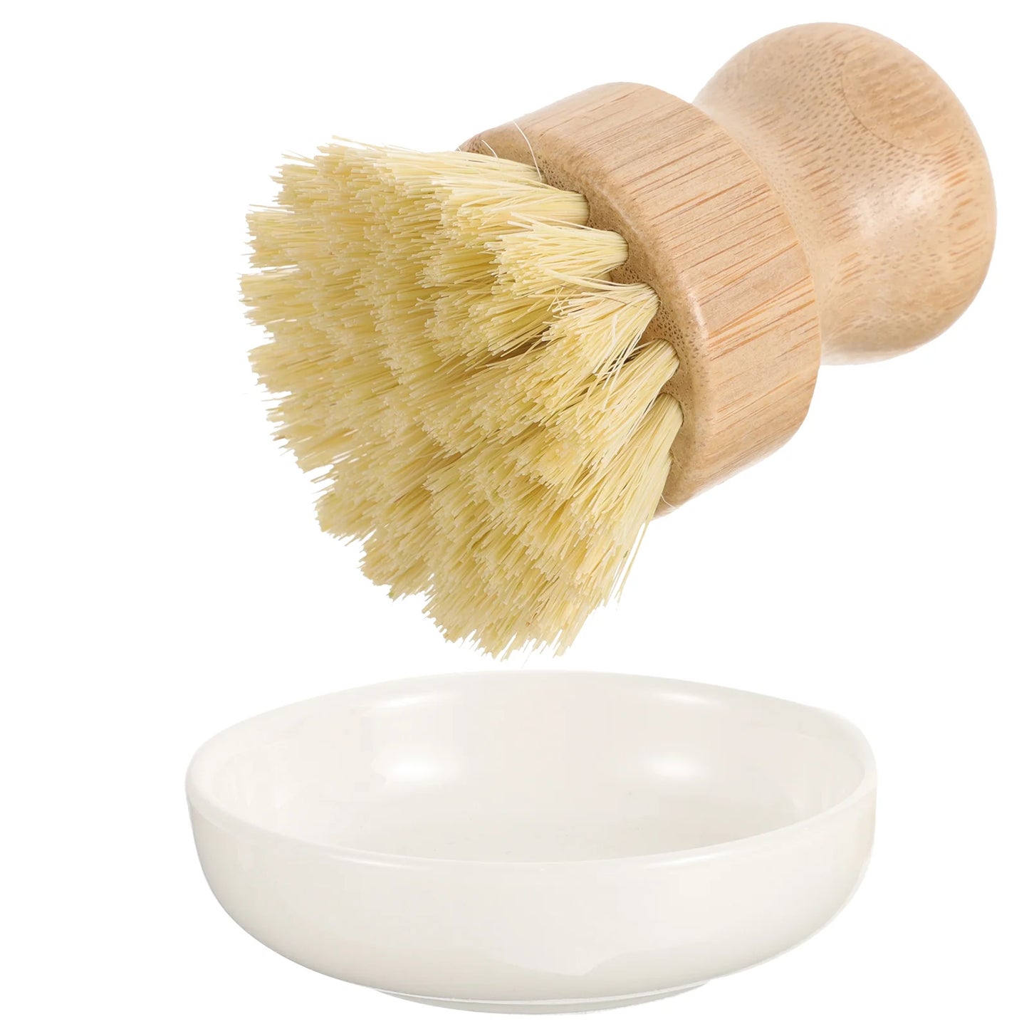 Bamboo Dish Brush + Ceramic Holder Bowl Set 