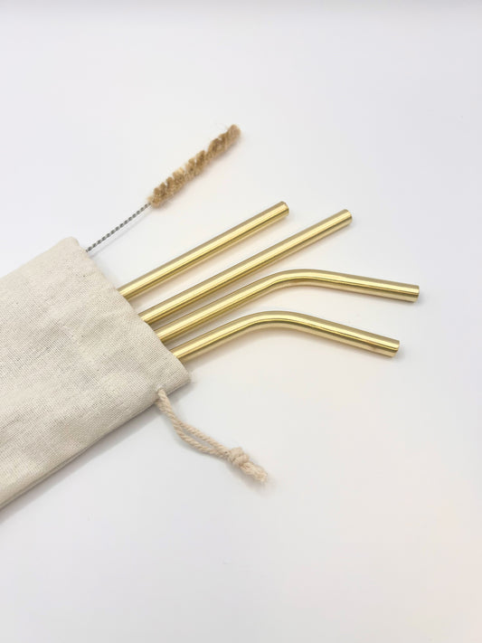 Pure Brass Cocktail Straws (set of 4) with cleaner