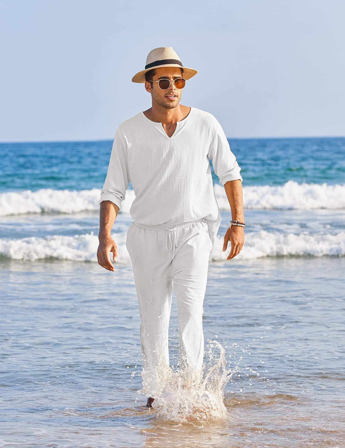 Men'S 2 Pieces Cotton Linen Set Henley Shirt Long Sleeve and Casual Beach Pants Summer Yoga Outfits