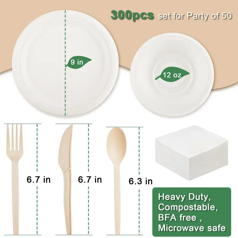 Compostable Party Set: Heavy-Duty Biodegradable Plates, Bowls & Cutlery 300Pcs - Ideal for Parties, Weddings, Picnics, Camping - Eco-Friendly, Safe, BPA Free, Microwave Safe