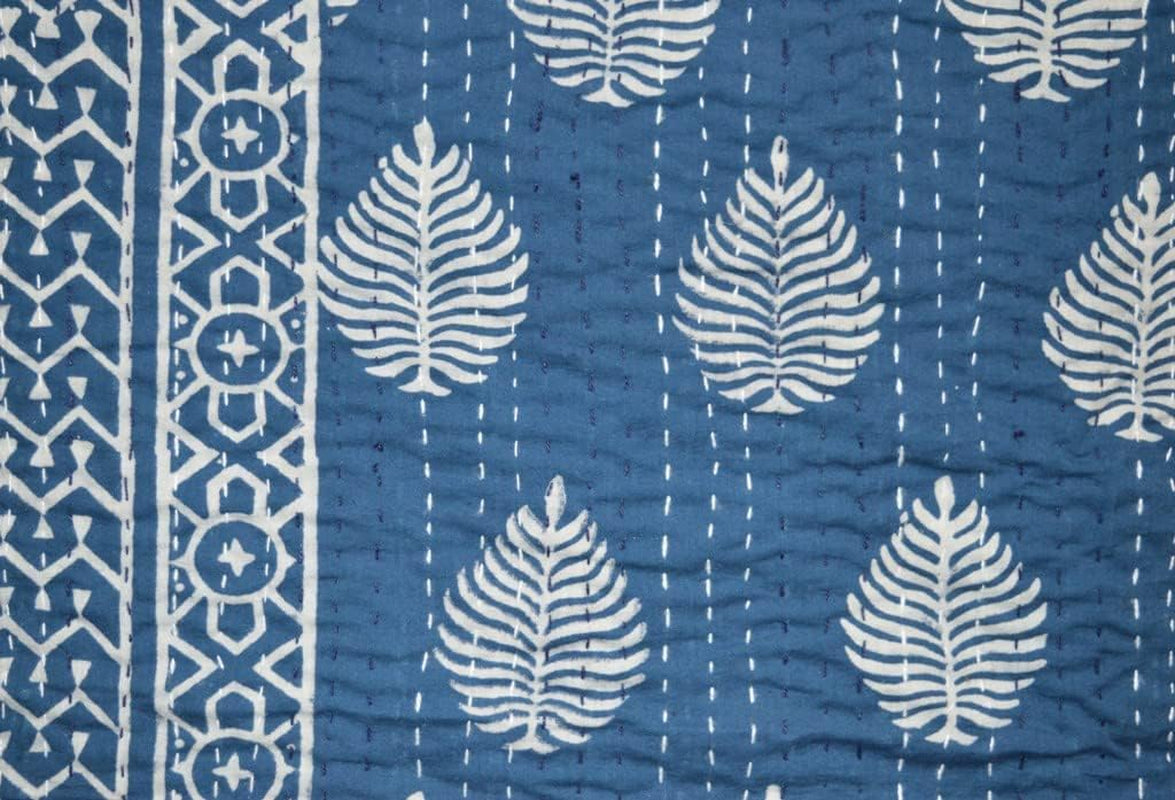 Indian Block Print Quilt Kantha Quilts Queen Size Kantha Throw Quilt Blanket Kantha Bedspreas Pure Cotton Quilt (Twin 90 X 60 Inch, Blue)