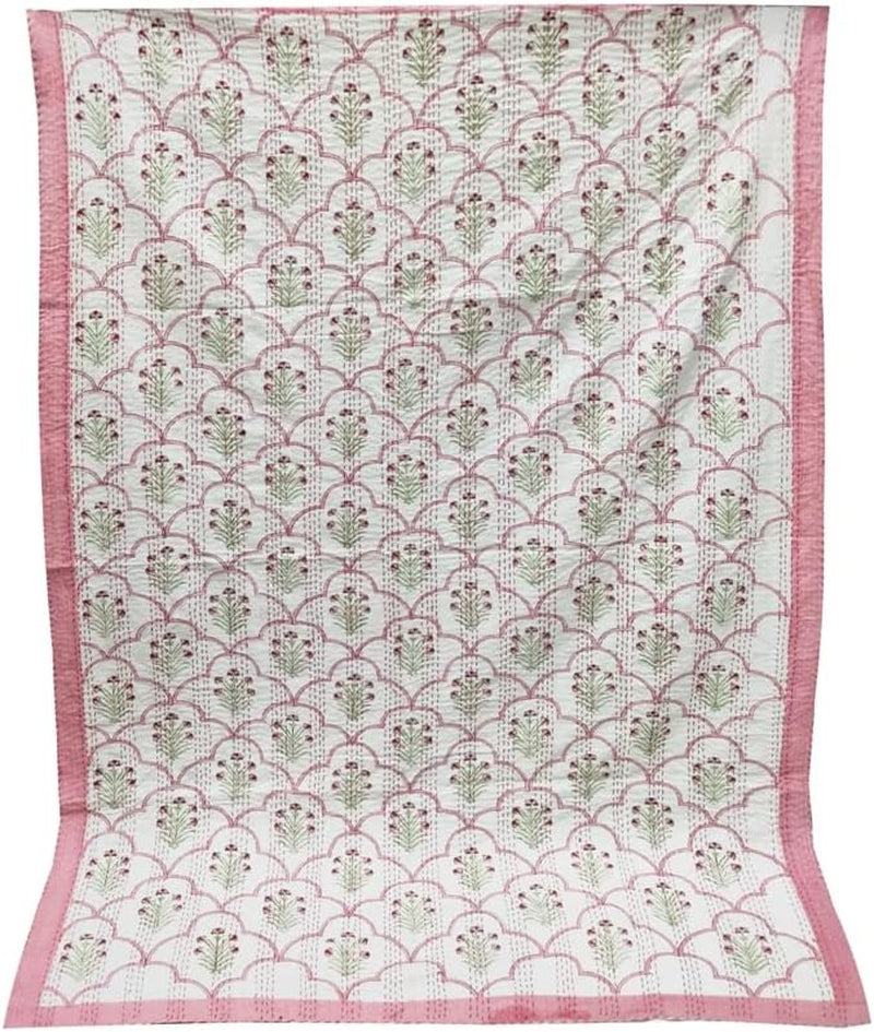 Indian Block Print Quilt Kantha Quilts Queen Size Kantha Throw Quilt Blanket Kantha Bedspreas Pure Cotton Quilt (Twin 90 X 60 Inch, White)