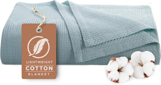 Thin Lightweight Cotton Blankets Skin-Friendly, Breathable, and Fade-Resistant -Modern Bedding Essentials for Year-Round Comfort, Style, and Quality Sleep Experience. Full/Queen 90”X 90” Seafoam