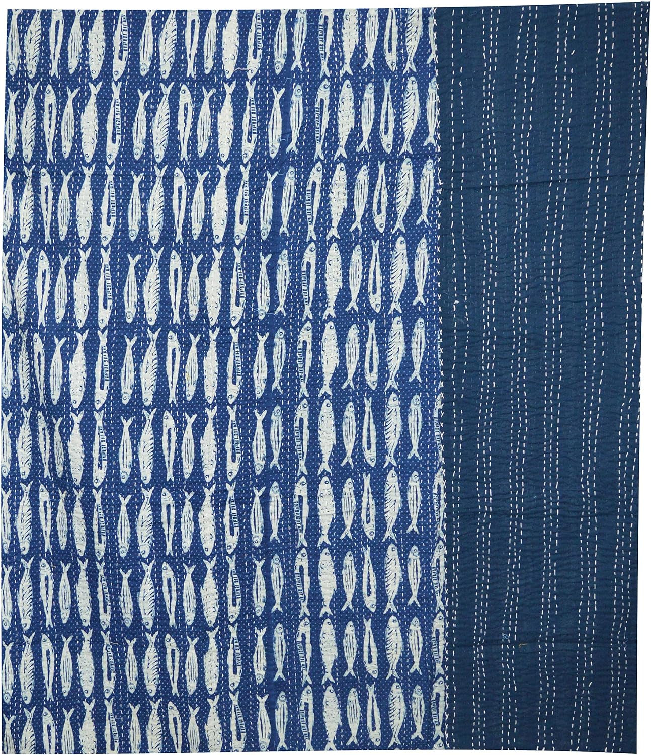 Indian Cotton Handmade Kantha Quilt Hand Block Fish Print Queen Quilt Blanket Bedspreads Throw (Twin Size)