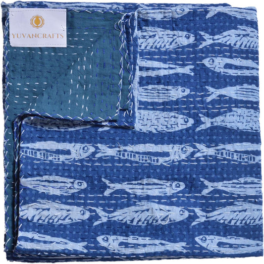 Indian Cotton Handmade Kantha Quilt Hand Block Fish Print Queen Quilt Blanket Bedspreads Throw (Twin Size)