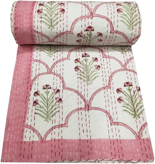 Indian Block Print Quilt Kantha Quilts Queen Size Kantha Throw Quilt Blanket Kantha Bedspreas Pure Cotton Quilt (90 X 108 Inch, White)