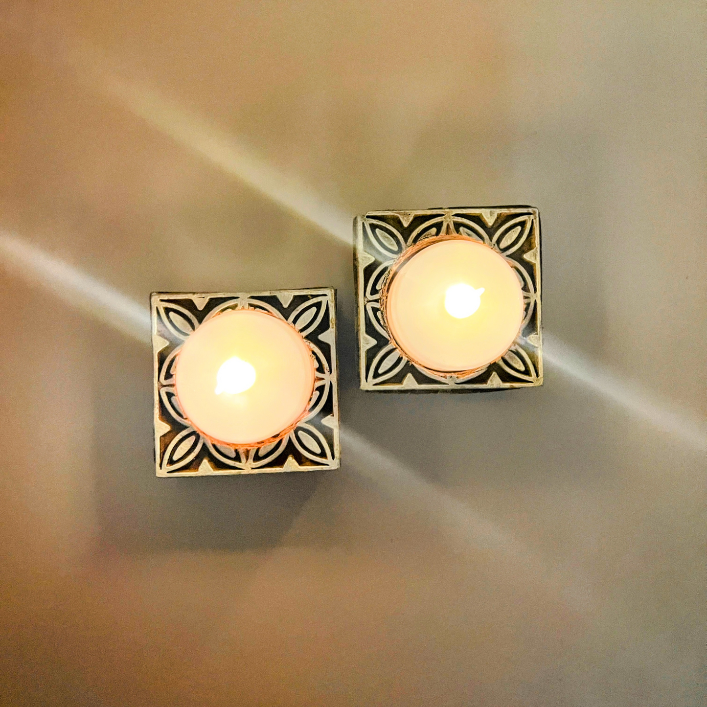 Square, Wooden Tea-Light Candle Holder (Hand-carved), Set of 2