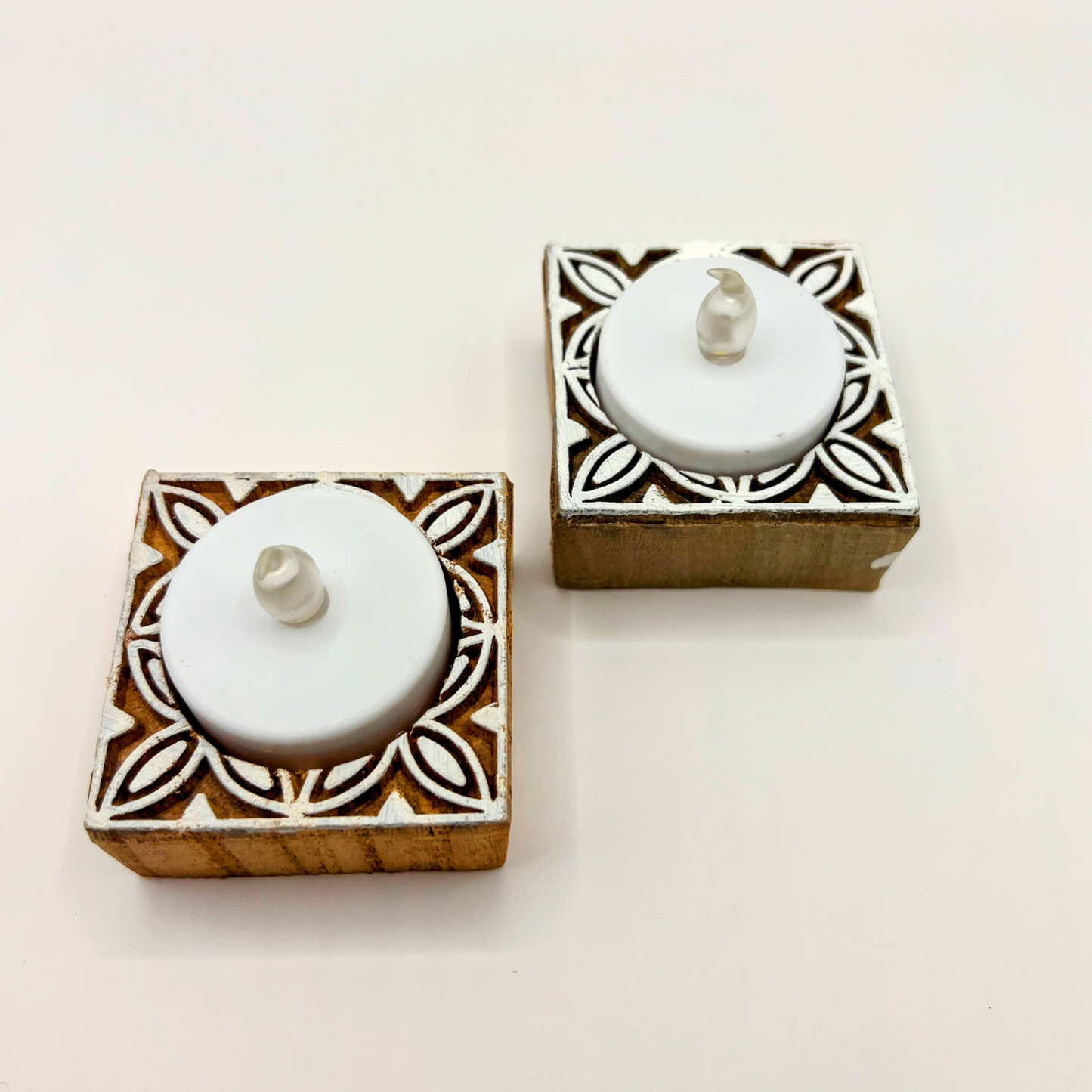 Square, Wooden Tea-Light Candle Holder (Hand-carved), Set of 2