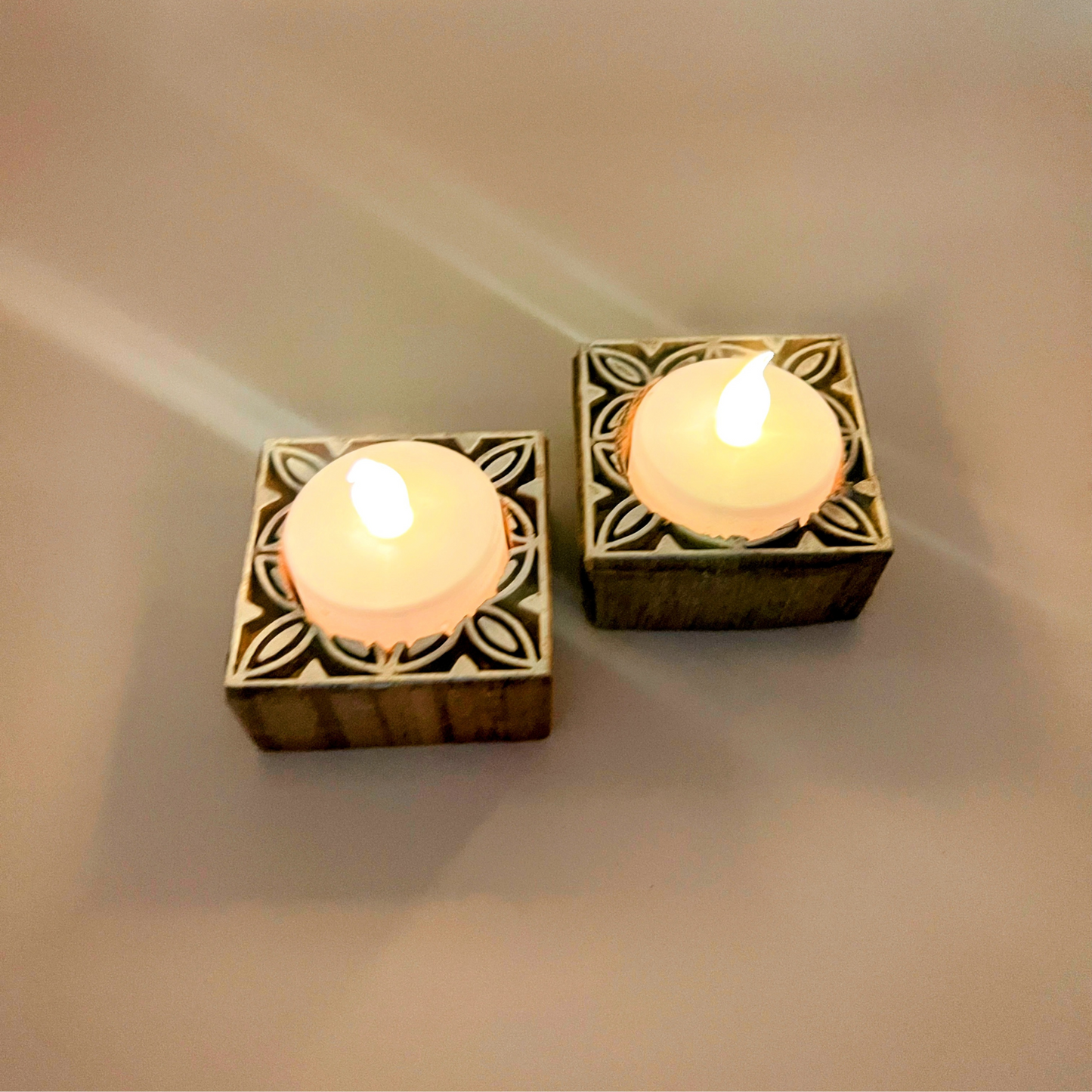 Square, Wooden Tea-Light Candle Holder (Hand-carved), Set of 2