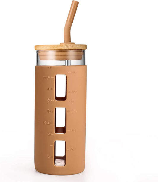 Glass Tumbler with Bamboo Lid and Straw,20Oz Reusable Iced Coffee Cup,Smoothie Cups,Glass Travel Water Bottle,See through Silicone Sleeve with Measurement,Dishwasfer Safe,Spill Proof
