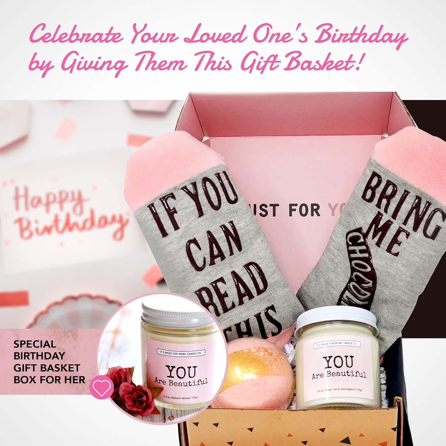 Birthday Mother'S Day Women Gift Basket Box for Her- Pack of 3 Fun Unique Gifts with Soy Candle, Bath Bomb, Funny Socks, Mother'S Day Gift Sets for Women