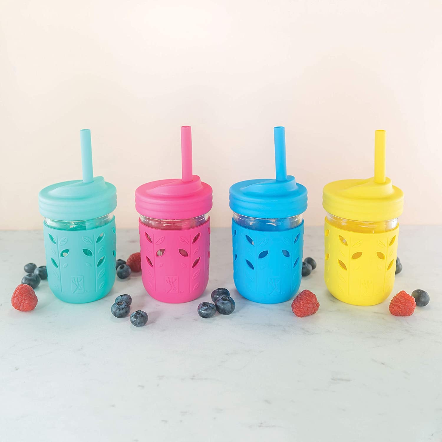 Kids & Toddler Cups | the Original Glass Mason Jars 8 Oz with Silicone Sleeves & Silicone Straws with Stoppers | Smoothie Cups | Spill Proof Sippy Cups for Toddlers