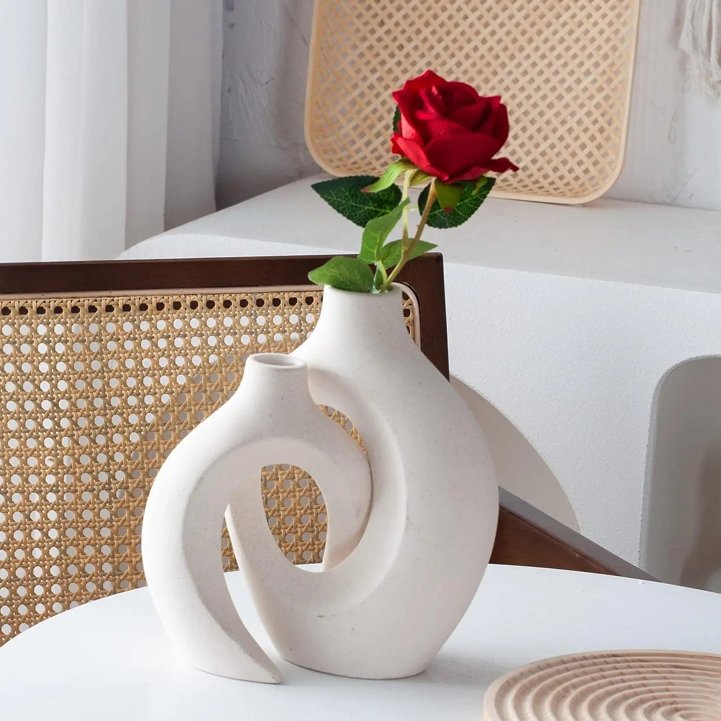 White Ceramic Vase (Set of 2) for Modern Home Decor, Boho Donut Vases Nordic Minimalist Decorative Vase