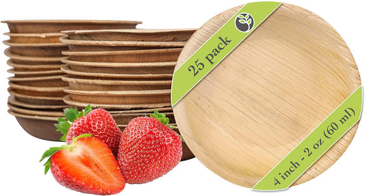 4 Inch Palm Leaf Mini Plates for Sauces, Salad Dressing - Tiny Disposable Soy Sauce Cups - 25 Pack Small Bamboo like Plates - Eco-Friendly Charcuterie Accessory