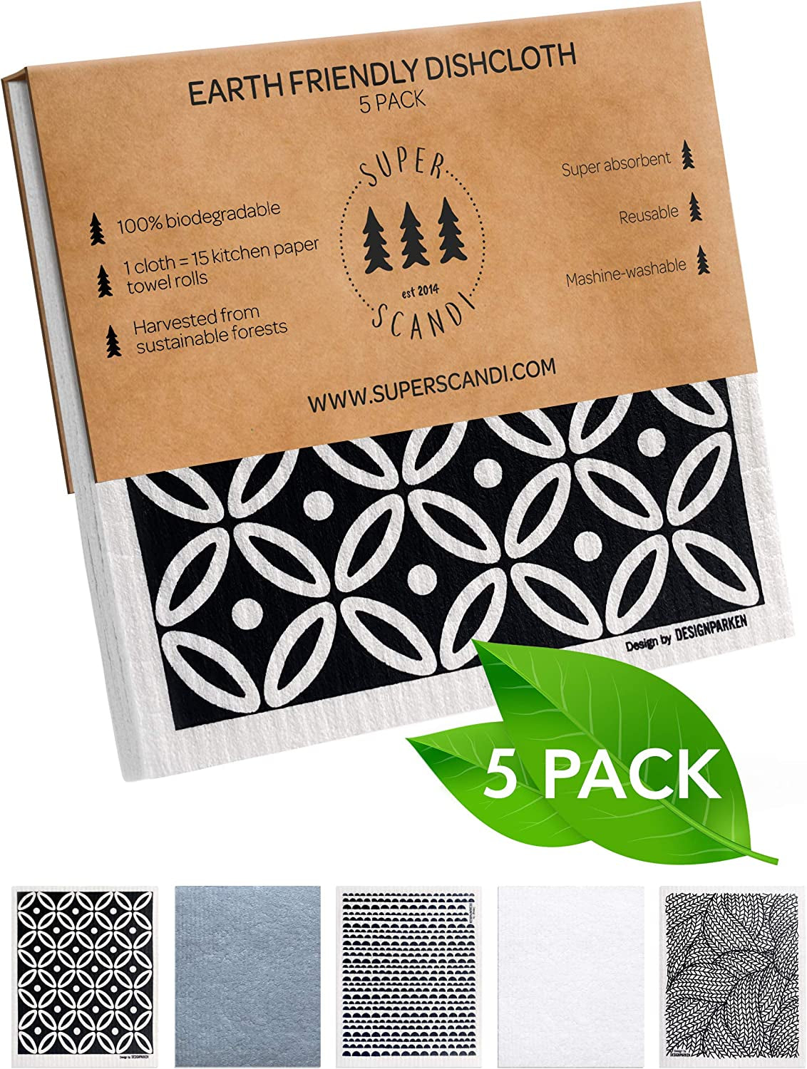 Swedish Dishcloths for Kitchen Eco Friendly Reusable Sustainable Biodegradable Cellulose Sponge Swedish Dish Cloths Dish Rags Washing Wipes Paper Towel Replacement (5 Pack Scandi Prints)