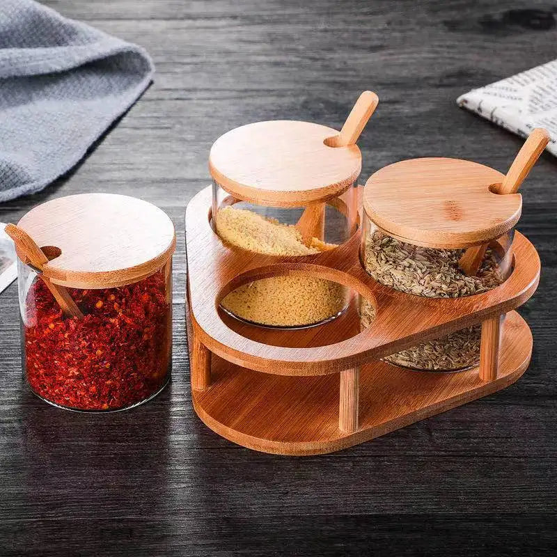 Glass Seasoning Jar (3pc Set) with Bamboo Spoon, Bamboo Lid & Wooden Tray