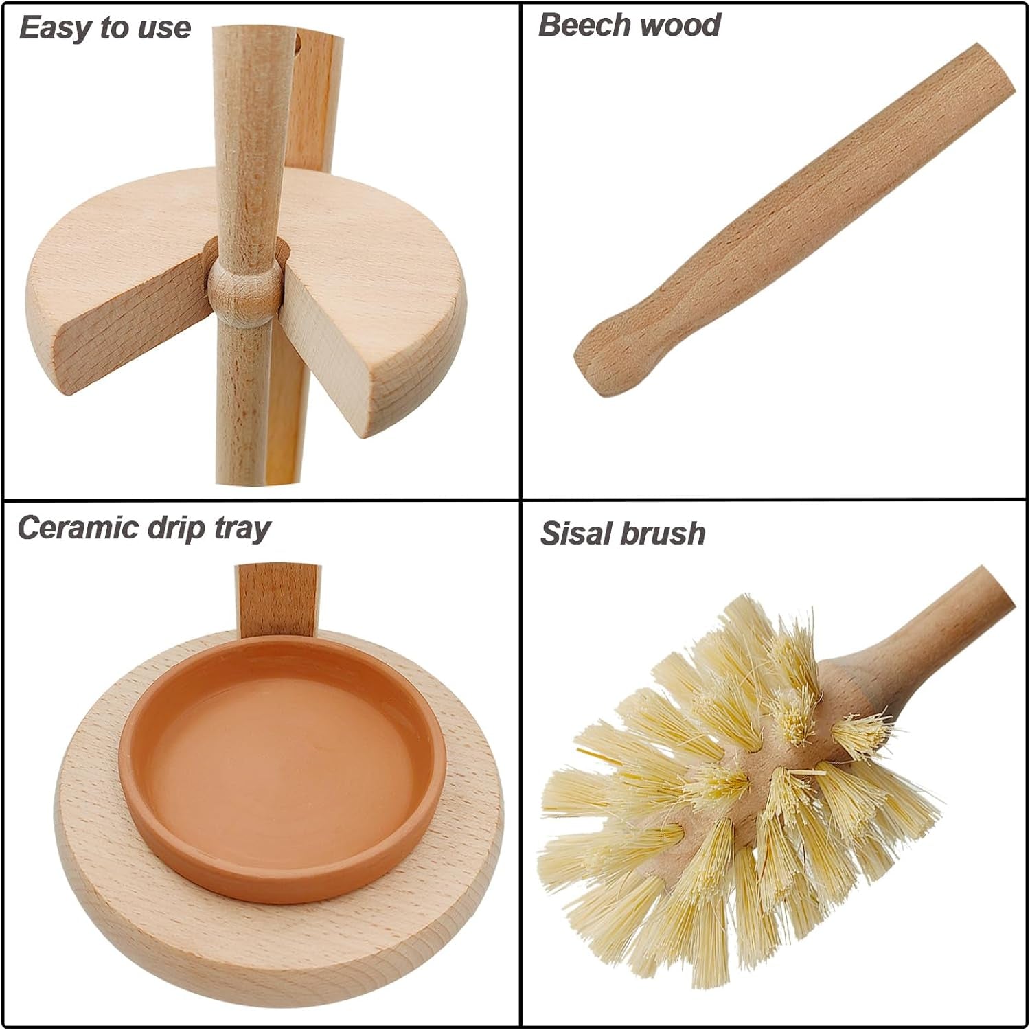 Wood Toilet Brush and Holder Set, Beechwood Toilet Bowl Cleaner Brush for Bathroom, Natural Sisal Bristles Toilet Scrubber with Stand