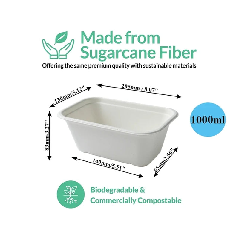 Sugarcane Bagasse Compostable Rectangle Container with 2 Lids Sushi Disposable Meal Prep Takeout Box Food Tray