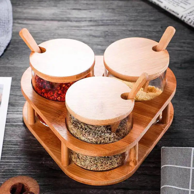 Glass Seasoning Jar (3pc Set) with Bamboo Spoon, Bamboo Lid & Wooden Tray