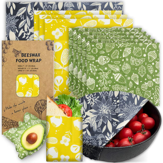 Beeswax Wrap for Food (9pack- 1Large, 5med, 3small) Assorted, Organic, Sustainable, Reusable 