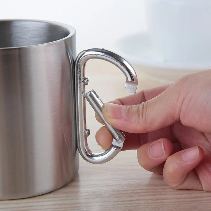 8oz/10oz/15oz Camping Travel Stainless Steel Cup, Carabiner Hook Handle, Picnic Water Mug Outdoor Travel Hike Cup