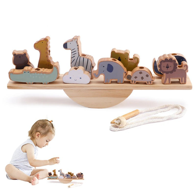 Baby Animal Threading Seesaw Toys Wooden Stacking Toys Blocks Game Montessori Hands-On Balance Ability Educational Children Gift