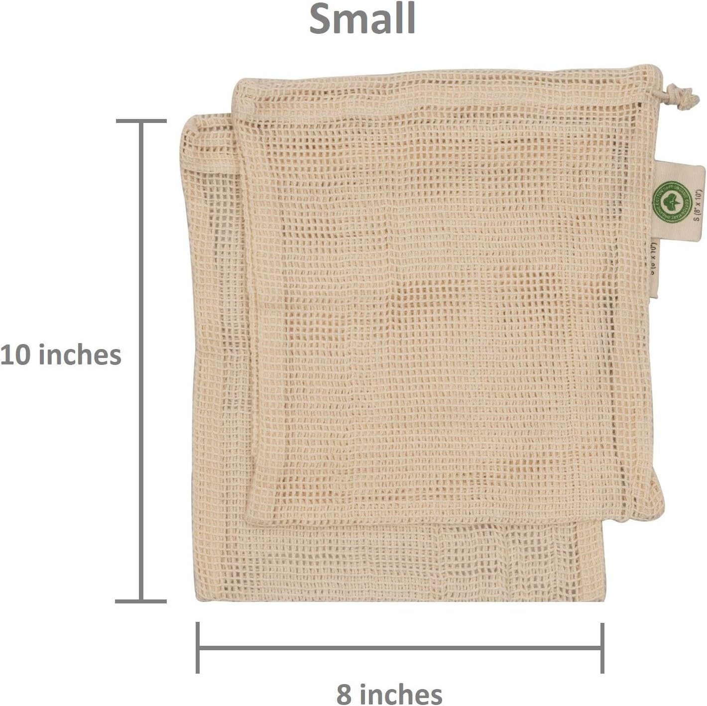 Reusable Cotton Mesh Produce Bags - 100% Organic Cotton, Durable, Double Stitched, Washable with Tare Weight & Drawstring - Mesh Bags for Grocery Shopping, Vegetables & Fruits | 6 Bags (2L, 2M, 2S)