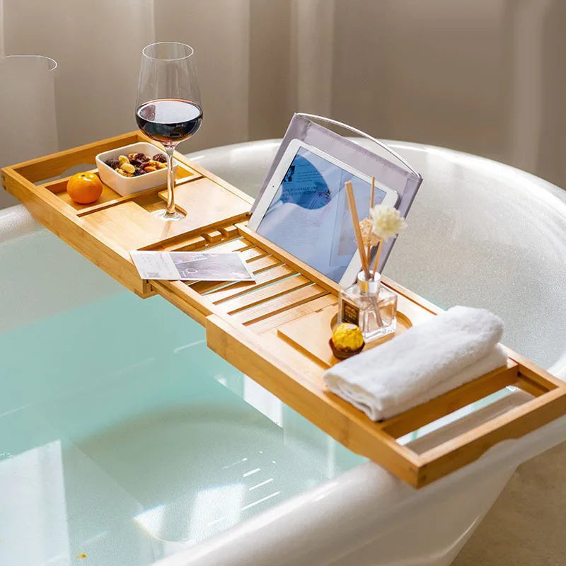 Bamboo Bath Tray, Extendable Bathtub Caddy