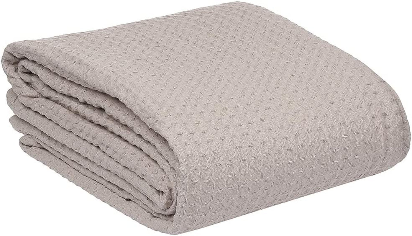 100% Combed Cotton Blanket (King Size) - Waffle-weave, All-Season Breathable Lightweight Summer Blankets - Soft Khaki King Bed Cotton Blankets/Bedcovers