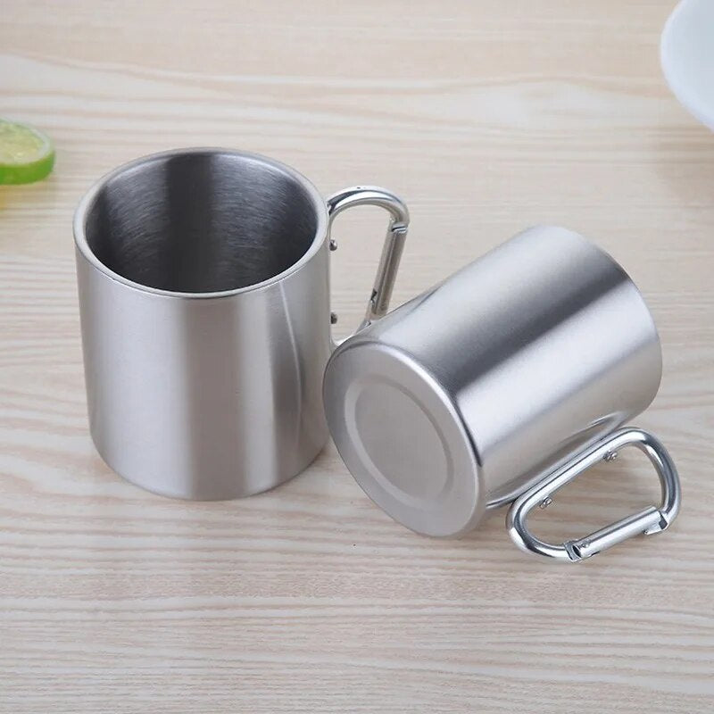 8oz/10oz/15oz Camping Travel Stainless Steel Cup, Carabiner Hook Handle, Picnic Water Mug Outdoor Travel Hike Cup