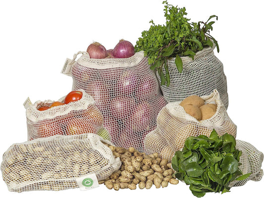Reusable Cotton Mesh Produce Bags - 100% Organic Cotton, Durable, Double Stitched, Washable with Tare Weight & Drawstring - Mesh Bags for Grocery Shopping, Vegetables & Fruits | 6 Bags (2L, 2M, 2S)