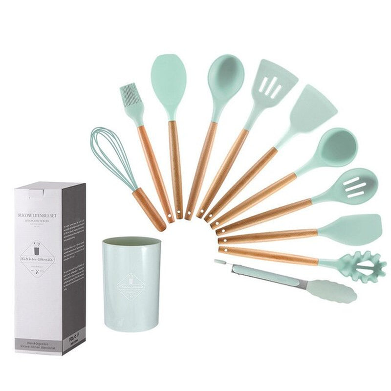 12Pcs/Set Wooden Handle Silicone Kitchen Utensils with Storage Bucket High Temperature Resistant and Non Stick Pot Spatula Spoon