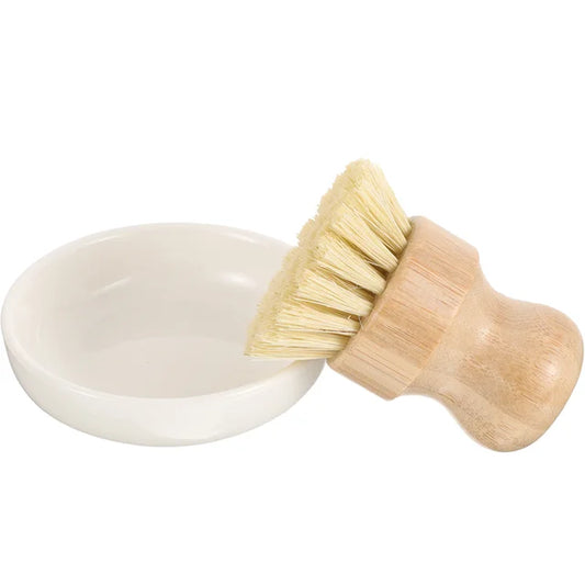 Bamboo Dish Brush + Ceramic Holder Bowl Set 