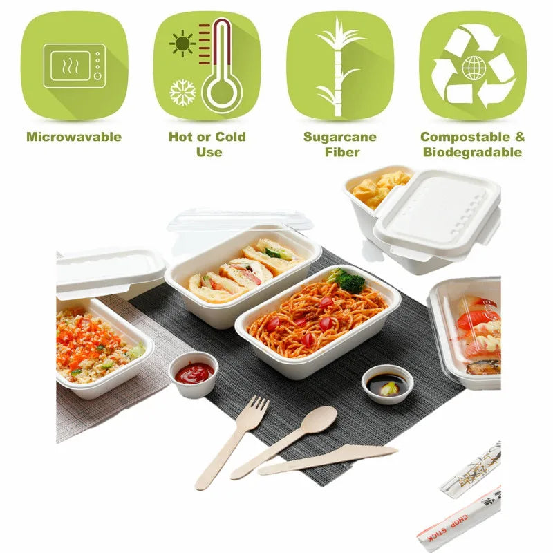 Sugarcane Bagasse Compostable Rectangle Container with 2 Lids Sushi Disposable Meal Prep Takeout Box Food Tray
